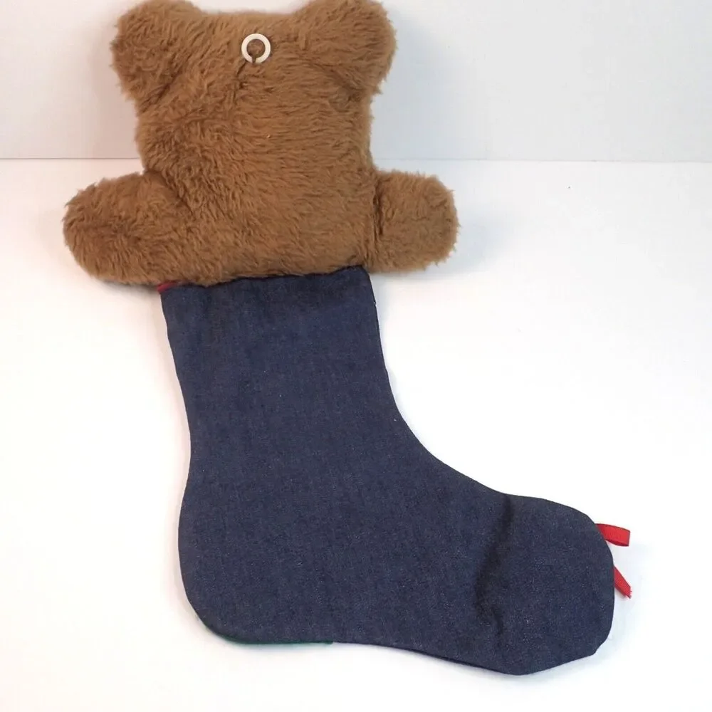 Christmas Stocking Denim 3D Bear Plush Head Vintage 20